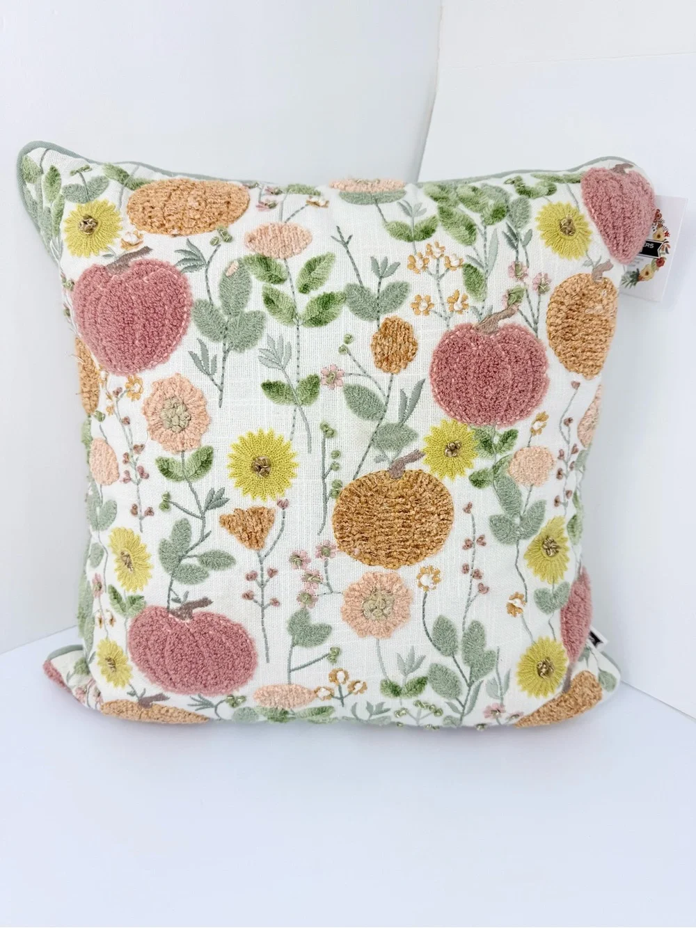Gardeners Eden Cream Pumpkin Embroidered Soft Woven Sparkle Fall Accent Pillow